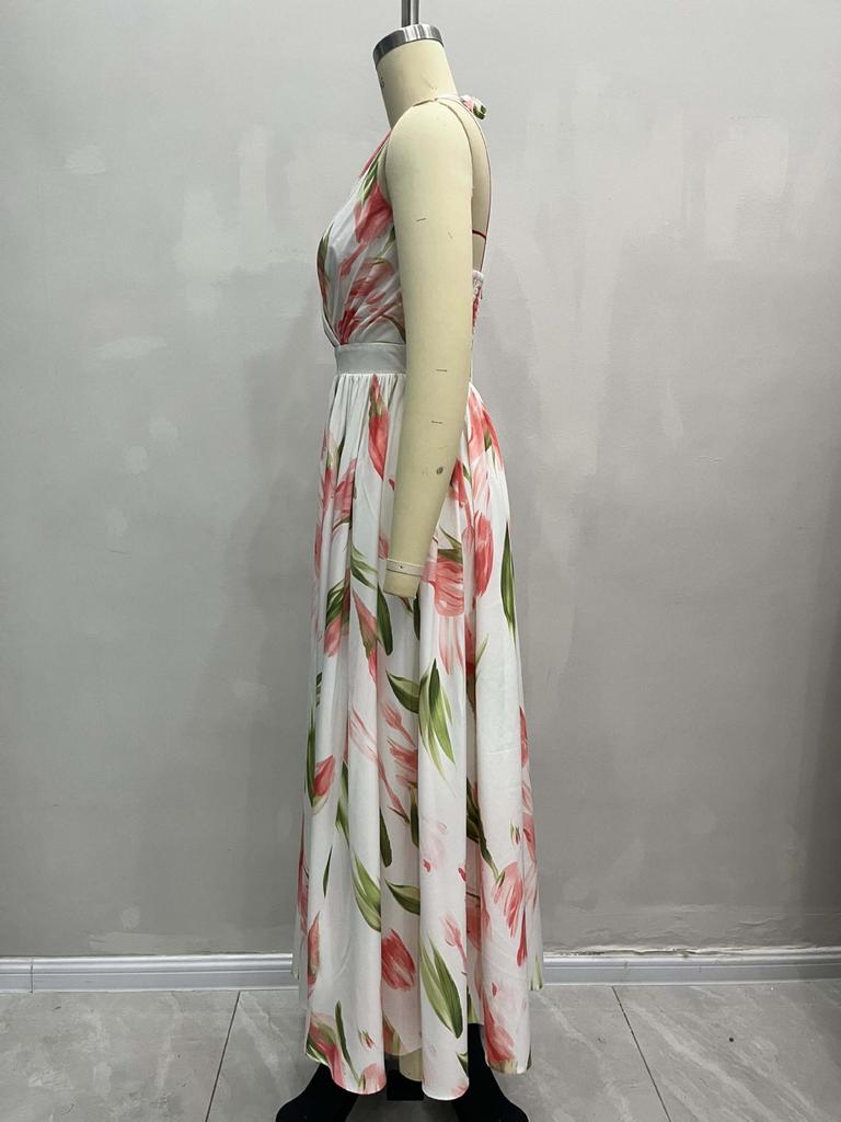 Frühling/Sommer Romantisches Resort-Stil V-Ausschnitt Rückenfreies A-Linien-Kleid - Damen Strandmode