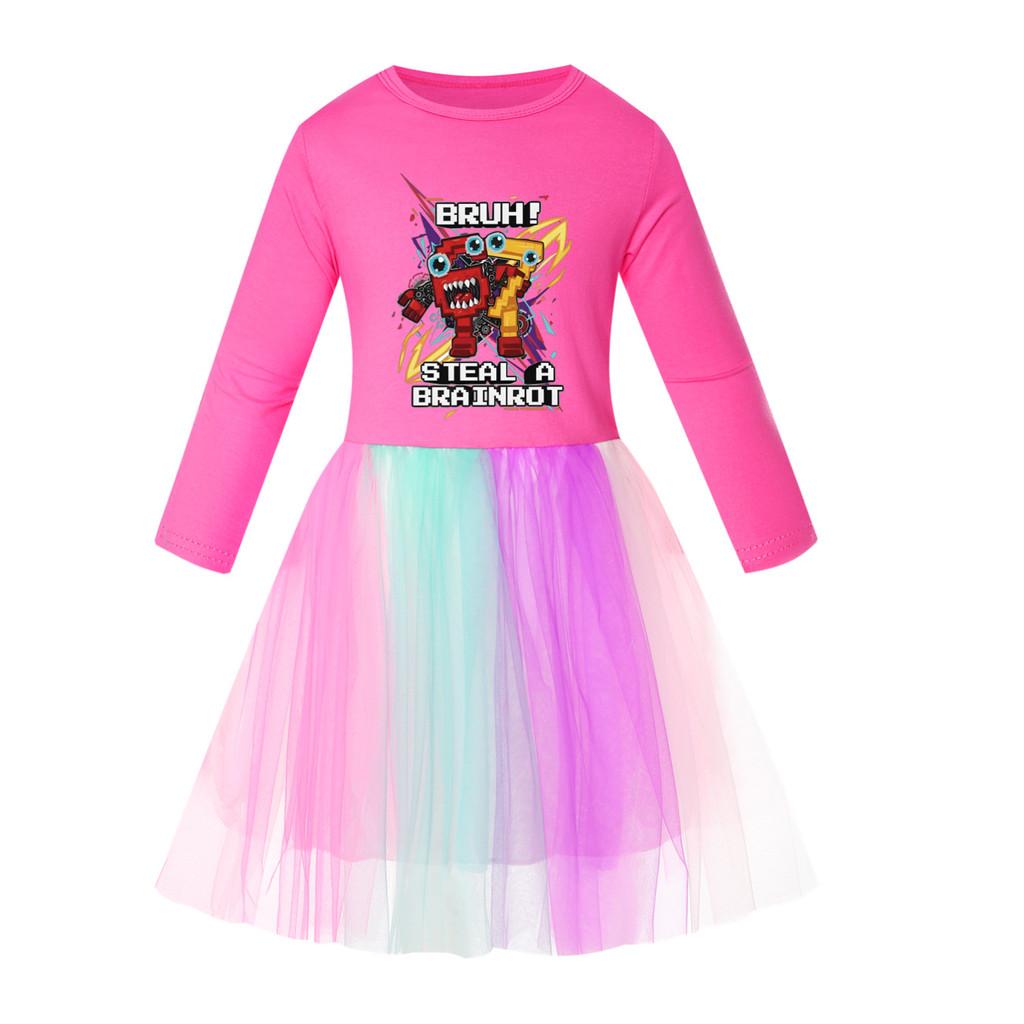 5227 Kids Girls Steal a Brainrot 67 Six Seven Print Mesh Rainbow Round Neck Casual Casual Cotton Dress