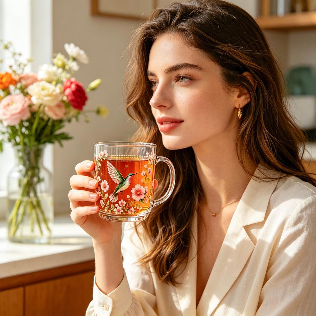 Glass Mug with Hummingbird and Floral Garden of Hope Design Large Capacity Durable Handle for Hot or Cold Beverages Home Office Use