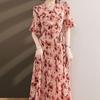 Elegant V-Neck Folds Drawstring Dresses Summer Rose Printed Women's A-Line Waist Korean Asymmetrical Long Dress