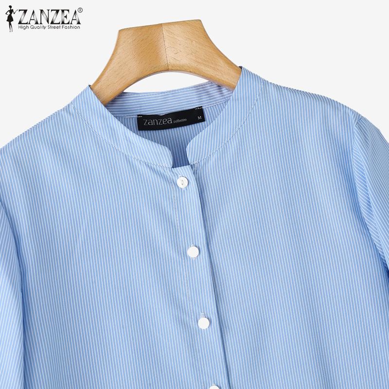 ZANZEA Womens Casual Stand Collar Loose 3/4 Sleeve Stripe Blouse