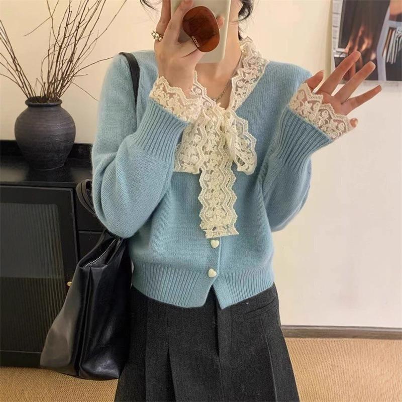 Autumn and winter new sweet knitted cardigan jacket top bow soft waxy lace premium sweater women s clothing one size fits all 4659₽