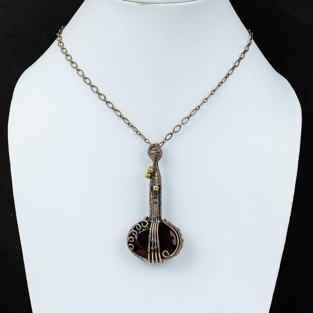 Unique Guitar Shaped Red Garnet Gemstone Pure Copper Wire Wrapped Handmade Pendant Jewelry