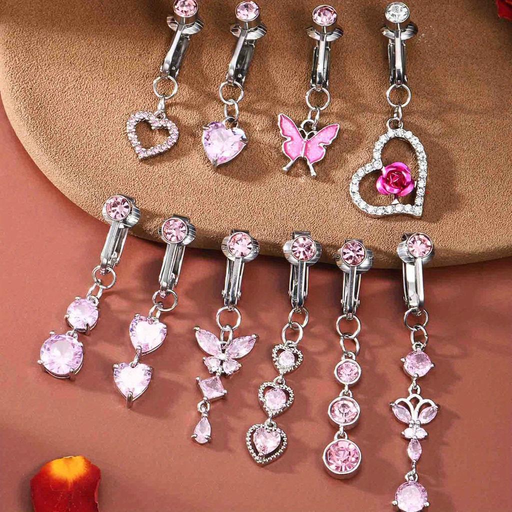 2pcs Cute Fake Belly Ring for Women - Pink CZ Heart & Butterfly Dangle Clip On Navel Rings, 304 Stainless Steel, Non-Pierced