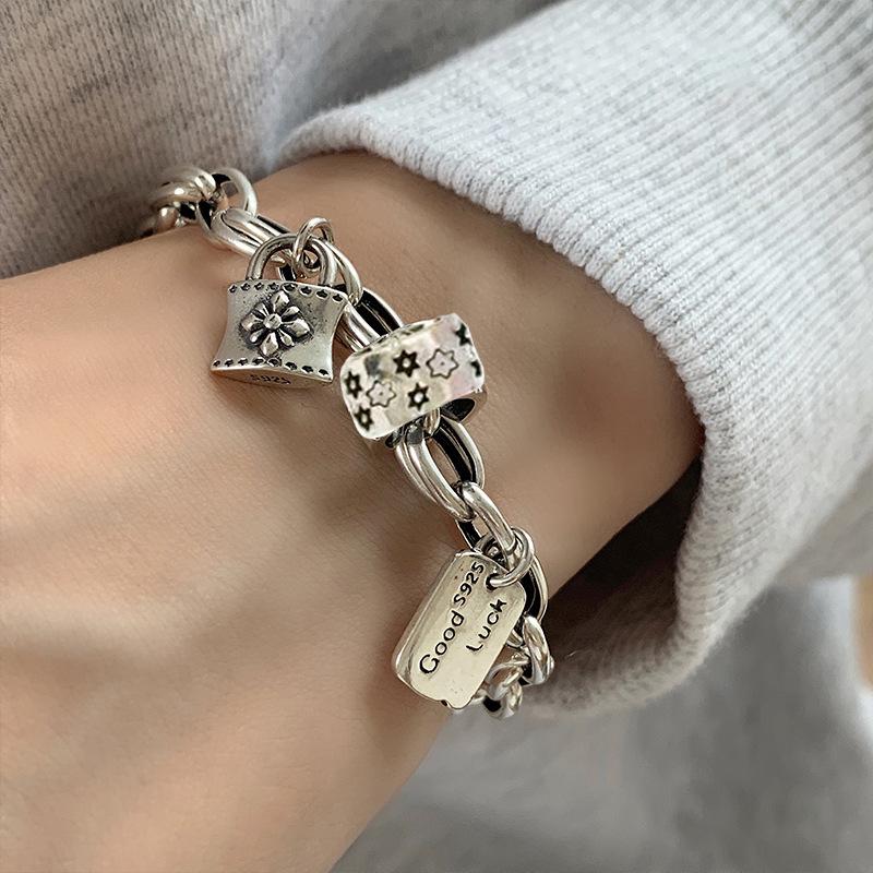 

Vintage Star Lock Letter Tag Thick Chain Bracelet For Women Design Hip-Hop Party Couple Jewelry Pulseras Mujer
