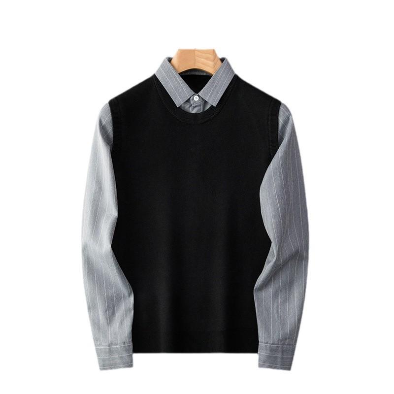 Pulover Bărbați Două în Unu cu Guler de Cămașă, Top Casual Tricotat Primăvară/Toamnă 2025