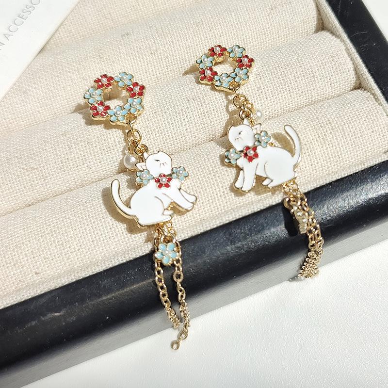 

S925 Silver Needle Cute Cat & Flower Tassel Stud Earrings