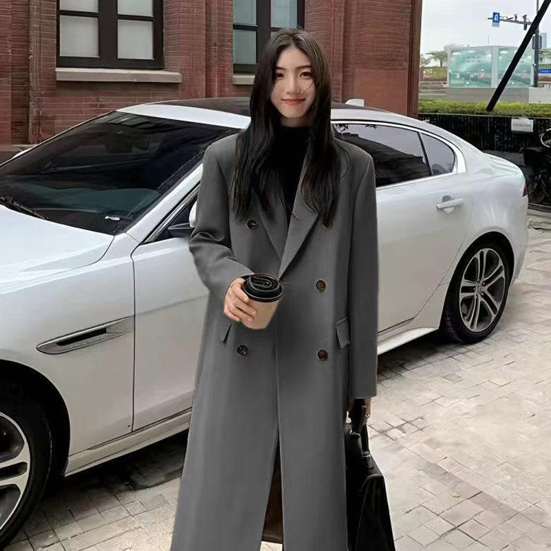 Women Long Double Breasted Blazer Trench Coat Elegant Lapel Oversized Maxi Suit Jacket Spring Autumn Casual Outerwear