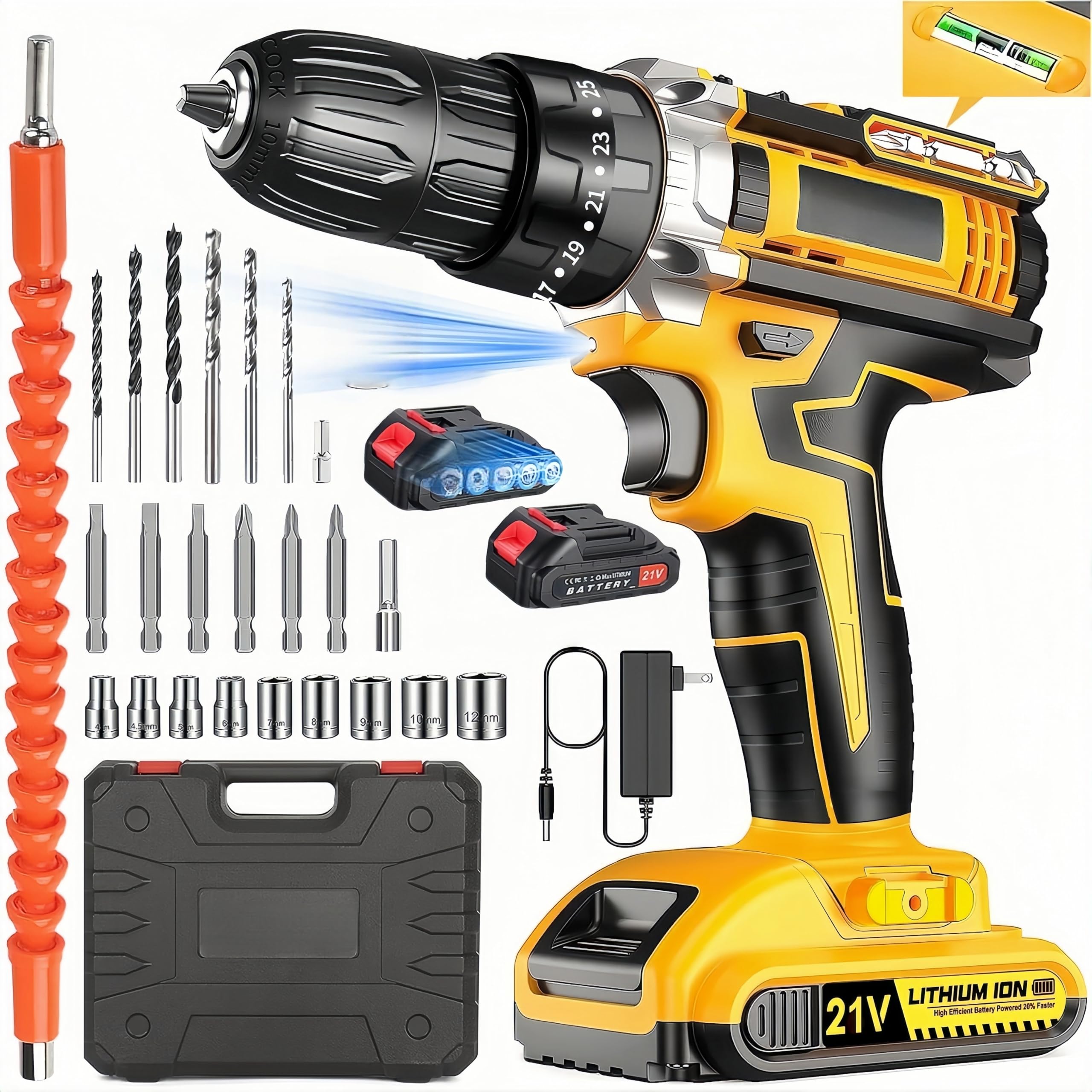 

21V Cordless Electric Rechargeable Drill Driver with Two 2000mAh Adjustable Screw DIY Furniture Fastening Tool for Wood and Metal Japanese Instruction