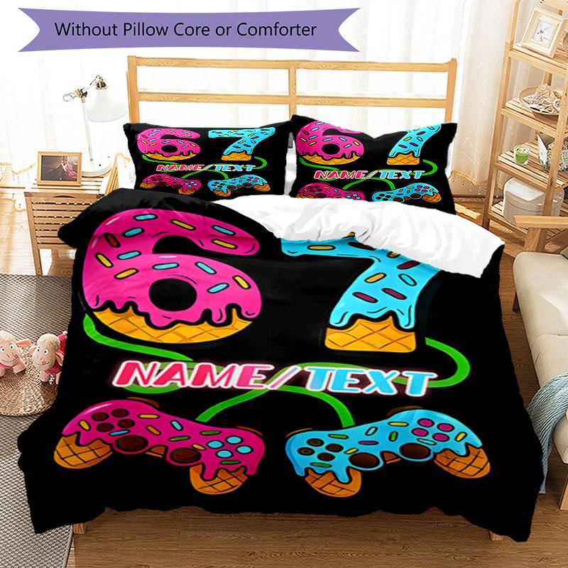 3PC Custom Name Donut Game Controller Art Bedding Set Printed Bedding Set Duvet Cover Closure Includes 1 Duvet Cover & 150 Pillowcases for Bedroom