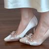 Fashion Bowknot High Heels for Women Spring and Summer New Square Head Temperament Pumps Party Shallow Mouth Beige Heeled Single Shoes
