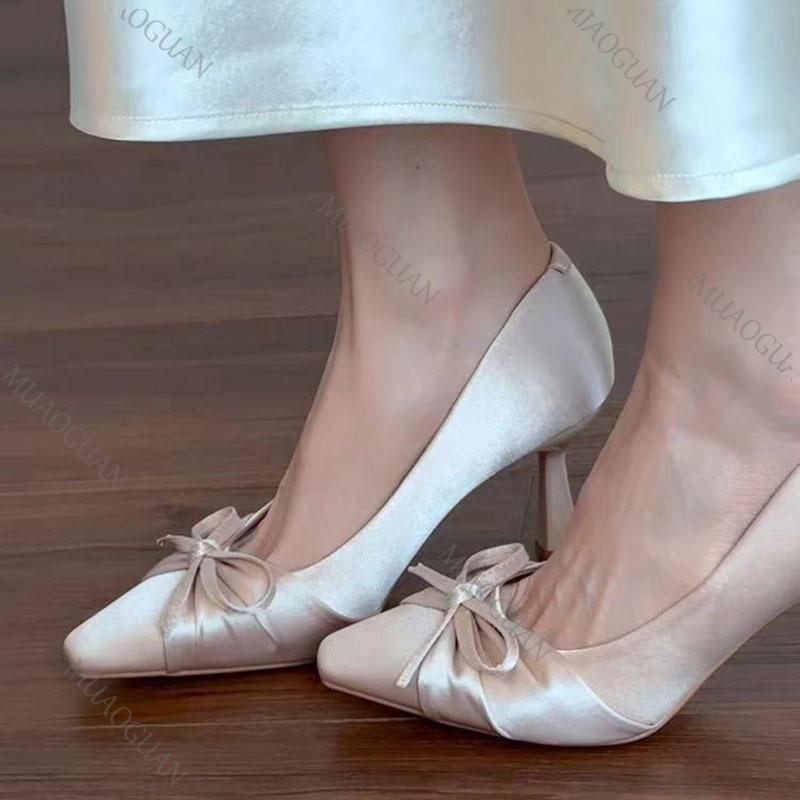 Fashion Bowknot High Heels for Women Spring and Summer New Square Head Temperament Pumps Party Shallow Mouth Beige Heeled Single Shoes