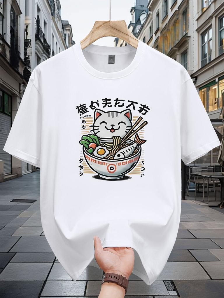 100% T-shirt - Black Casual Summer Tee with Cute Cat & Noodles Graphic Print