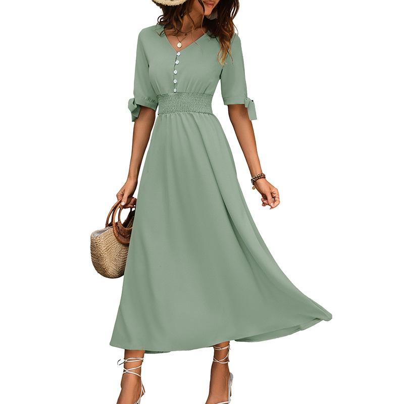 New European and American Summer Casual Button-down V-neck Solid Color Dress