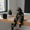 Firefighter Ornament Skeleton Shelf Sitter Statue, Vintage Resin Figurine with Realistic Gear & Distressed Sitting Posture Finish, Dark Industrial