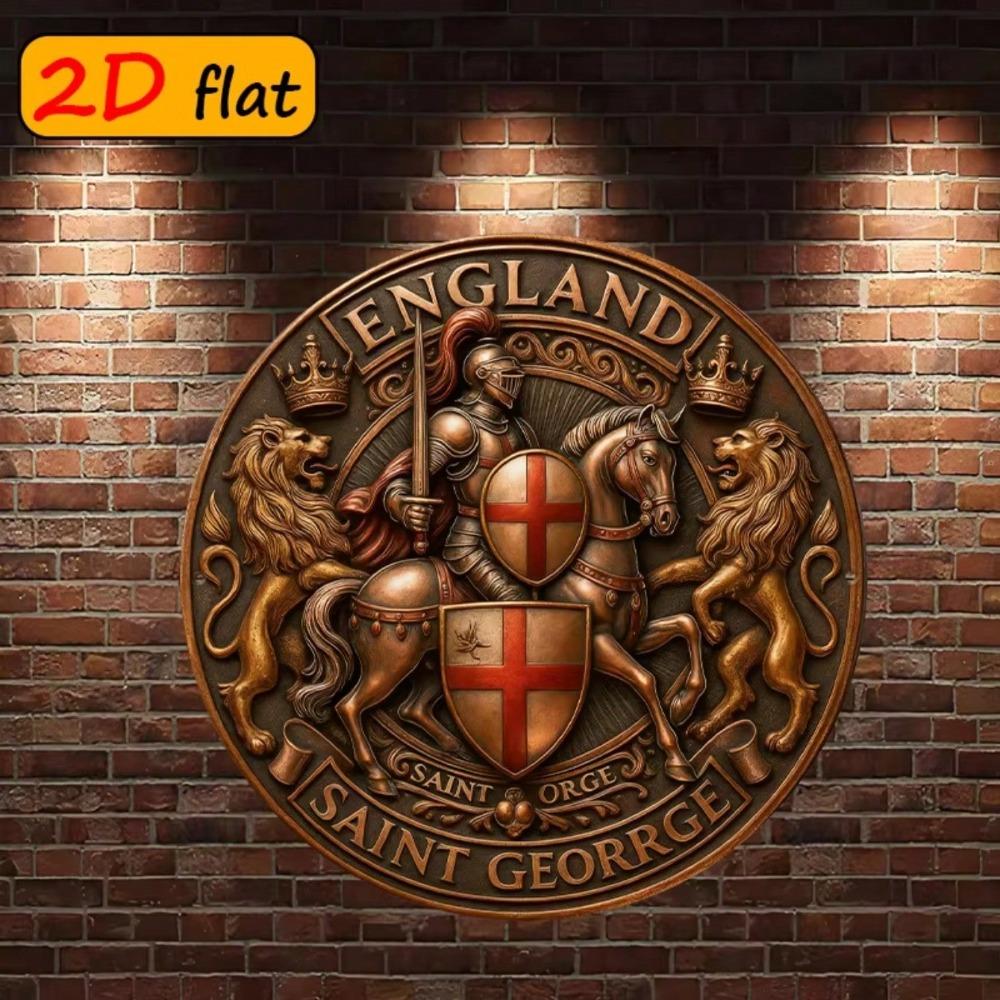 Cavaliere Medievale che Uccide un Drago Decorazione da Parete Rotonda in Metallo 2D Targa di San Giorgio Per Studio