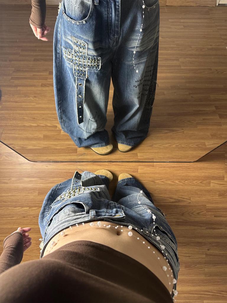 2025 American Spicy Girl Wide-Leg Rivet Distressed Jeans for Women - Autumn Street Style