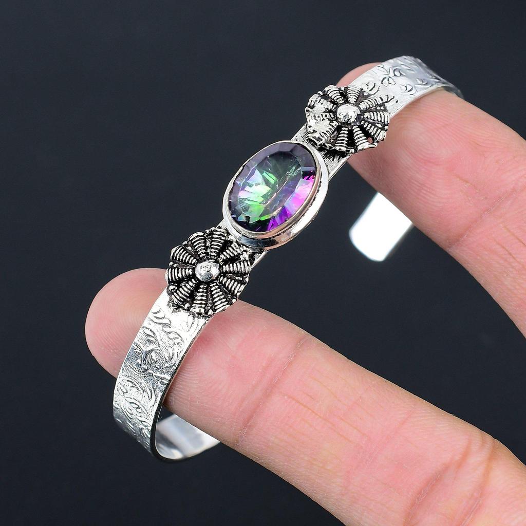 Natural Rainbow Mystic Topaz Gemstone Bangle Pink Adjustable 925 Sterling Silver