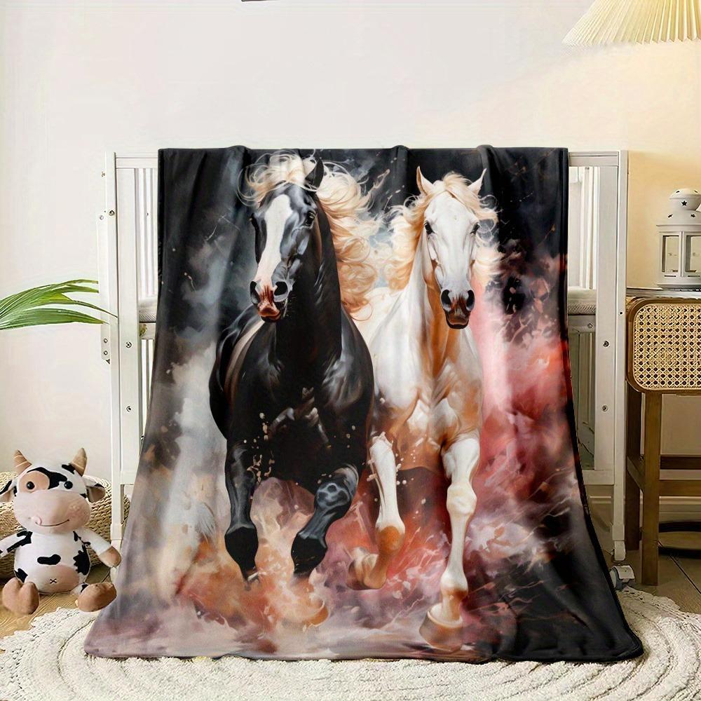 1pc Black And White Horses Printed Blanket, Four Season Blankets Suitable For Sofas, Beds, Living Rooms, Travel, Outdoor Camping