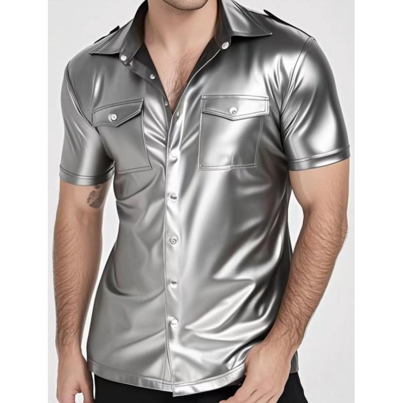 Herren Kurzarm Custom Street Style Hemd mit Knöpfen Motorradjacke für Partys, Alltag und Club-Outfits