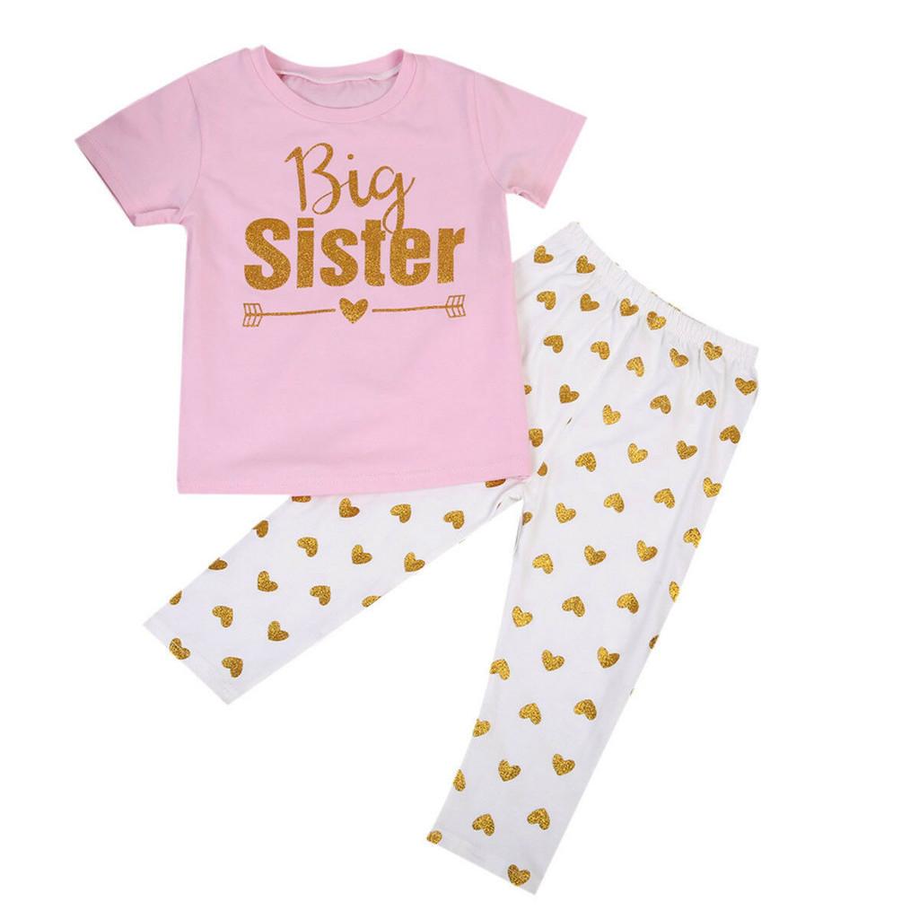 

Cute Big Little Sister Matching Outfit, Gold Letter Short Sleeve T-shirt Long Pants Set Big sister,6-7Years