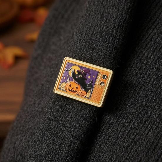 Decorative Hat Pin Retro TV Brooch for Halloween, Pumpkin Ghost Black Cat Crow Badge, Holiday Lapel Sweaters Jackets Scarves Decoration Zinc Alloy