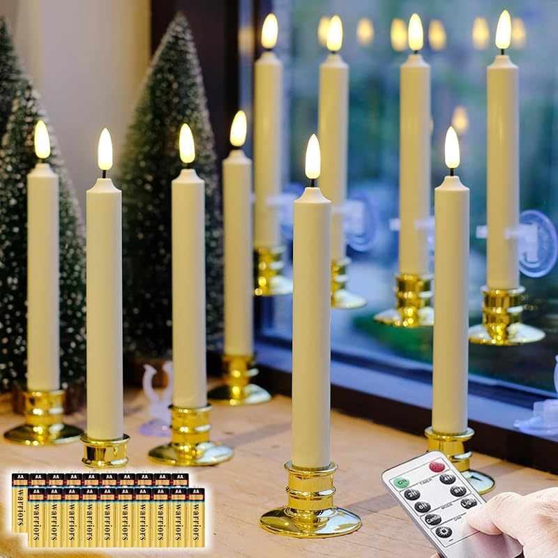 10 Pack Window Candles +20 AA Batteries(Include,Run More Than 400 Hours) + Candleholders + Suction Cups+ 2 Remote. 8'' Tall. IVORY LED Battery