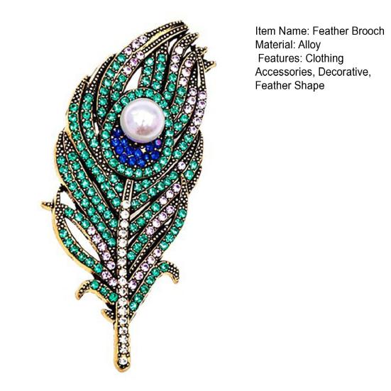 Feather Design Pin Vintage Peacock Brooch, Faux Pearl Rhinstone Lapel Retro Jewelry Pin, Clothing Accessories for Wedding Party Prom