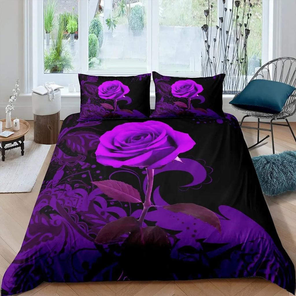 Comforter Purple Rose Queen Size Romantic Flowers Bedding Set Valentine'S Day Floral Comforter Set