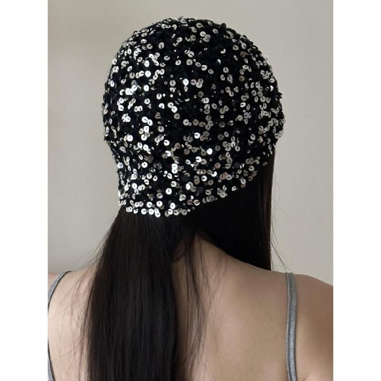 Reflective Sequined Hat Stackable Design Comfortable Pullover Hollowout Hat For Women Daily and Evening Party Photo Wear