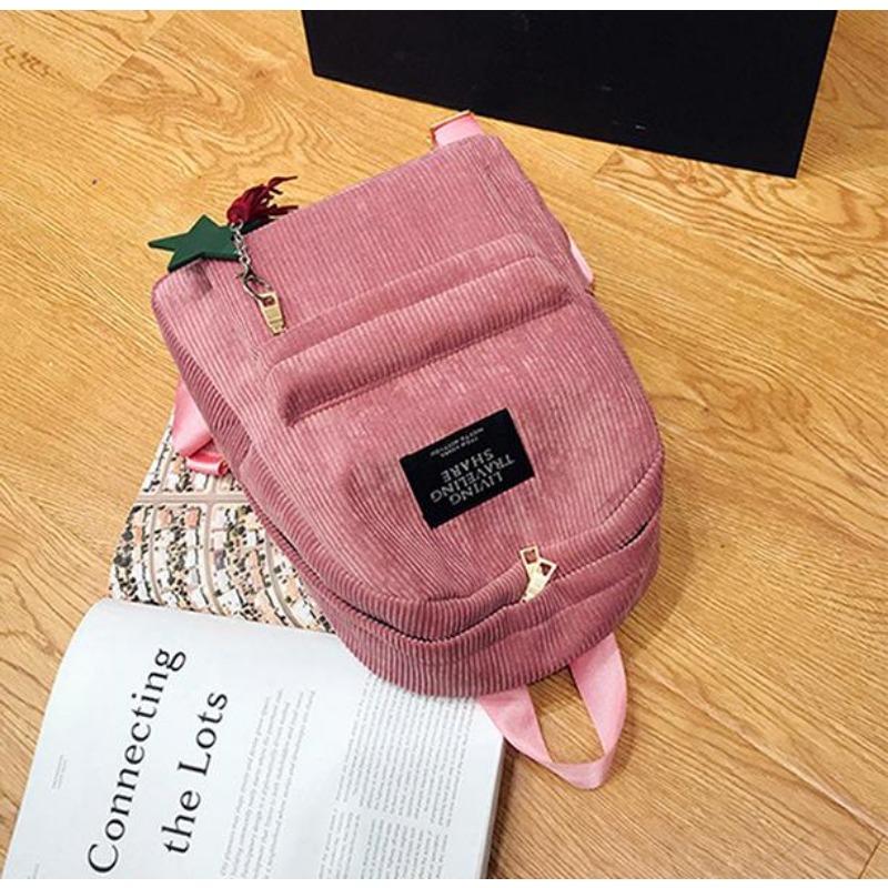 Women School Soulder Bag Tassel Corduroy Backpack Preppy Style Knapsack