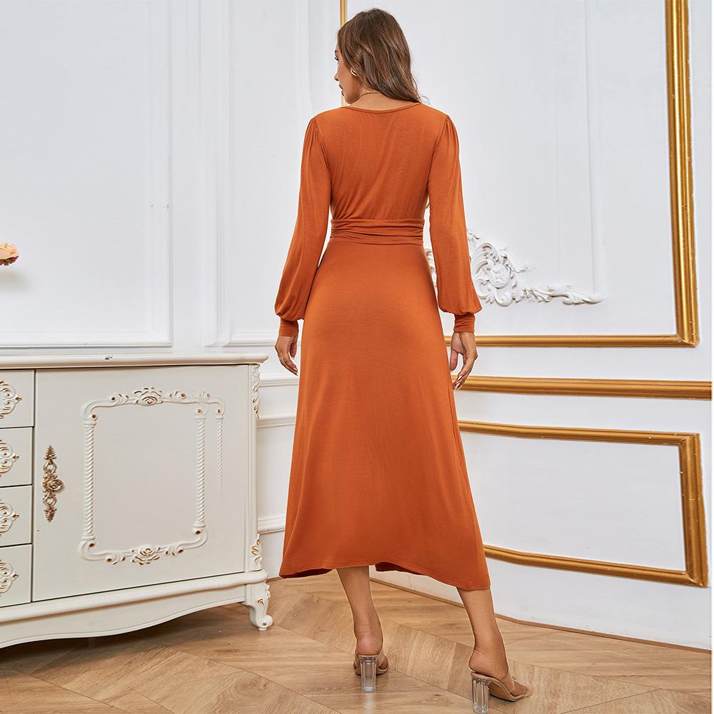 European and American women's clothing new sexy V-neck split-ended high-waisted slim-fitting temperament dress A-shaped long dress