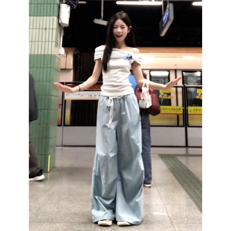 

Off-the-Shoulder Women s Blue Striped Slimming T-Shirt S