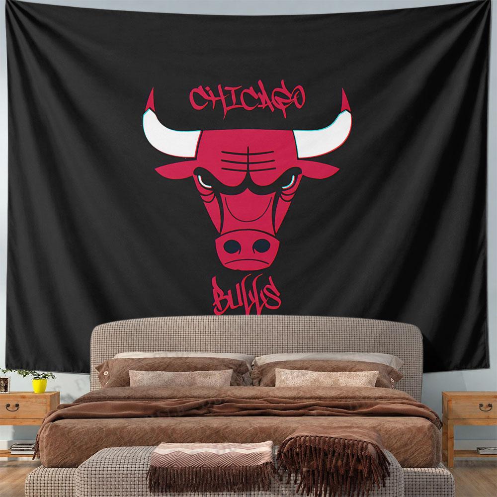 Stylized Red Bull Head with White Horns and Graffiti-style "Chicago Bulls". Patterned Tapestry for Bedroom and Living Room Home Decor