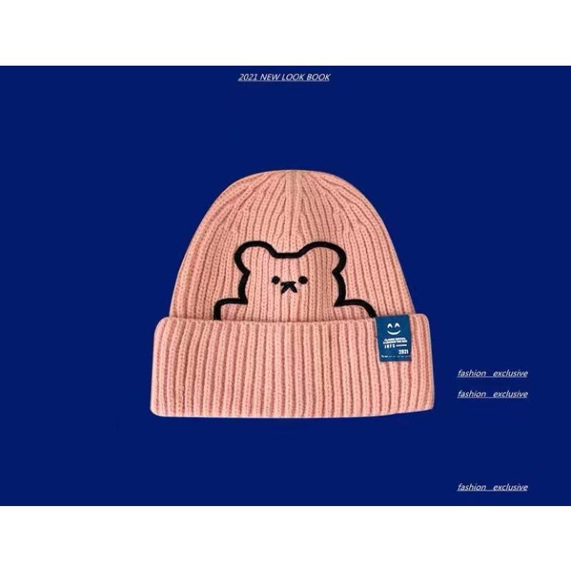 

Женская шапка Зимняя шерстяная шапка Милая шапка-медведь Осень и зима Универсальная модная шапка в корейском стиле Теплая шапка для рожениц Вязаная шапка M（56-58cm）