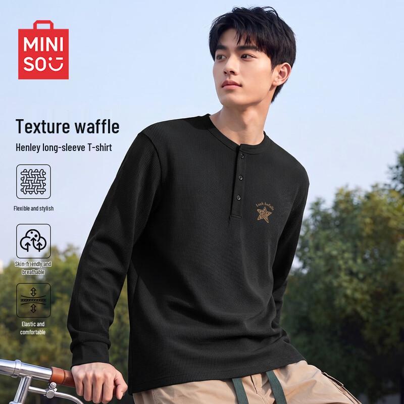 MINISO Men's Waffle Knit Henley Shirt