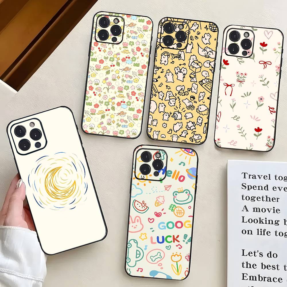 Cute Pattern For IPhone 17 Air 16 15 14 13 12 11 Pro Black Soft Cover Phone Case