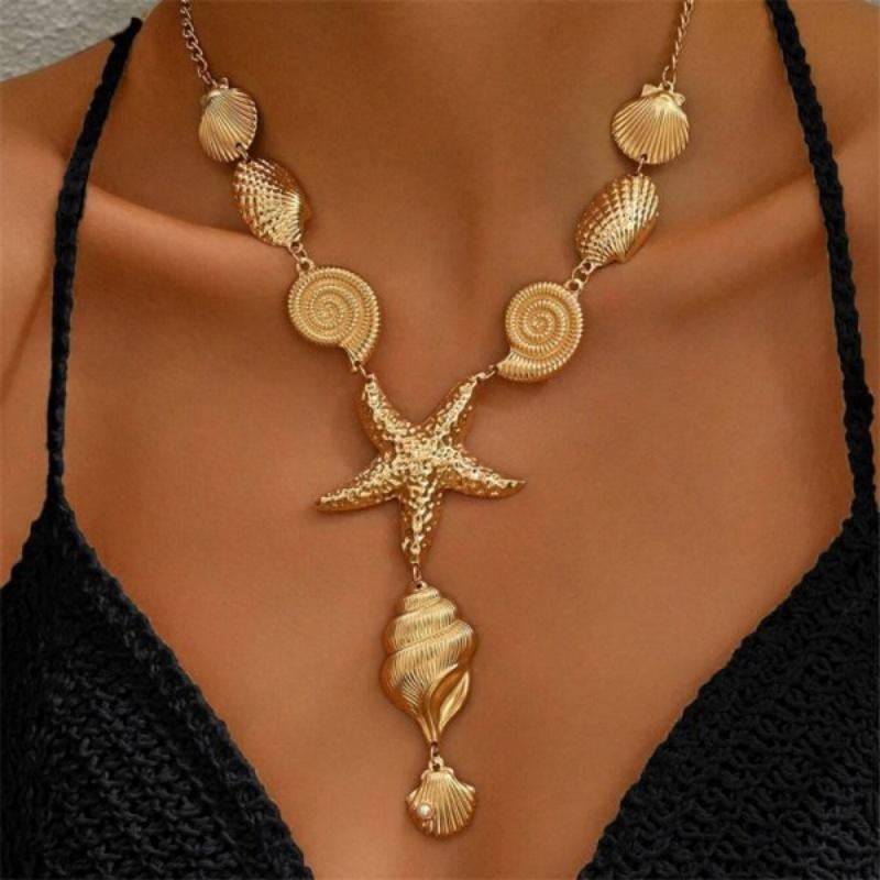 Bohemian Starfish Conch Scallop Pendant Necklace for Women Summer Beach Vacation Gold Color Collarbone Necklace Party Jewelry