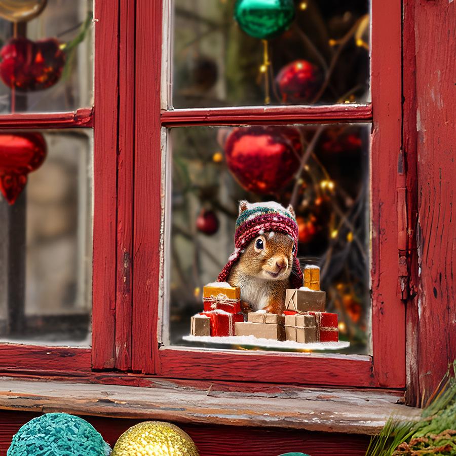 Vollständig transparente UV-Weihnachten Kleines Eichhörnchen Vollständig transparent Doppelseitig sichtbar Glas Heimdekorationsaufkleber