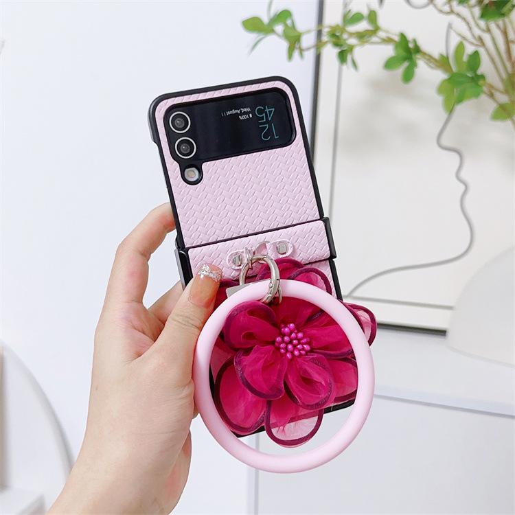 Applicable To Samsung ZFlip5 Mobile Phone Case Straw Mat Pattern Leather Case Flower Portable Hanging Ring Zflip4 Folding Protective Case