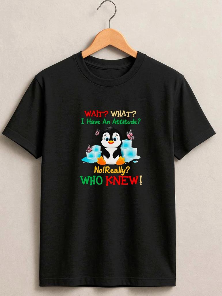 Funny Penguin T-Shirt, Who Knew Graphic Cute Cartoon Animal Humor Novelty Tee