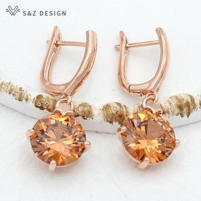 Fashion Elegant Big Round Cubic Zirconia Drop Earrings Rose Gold Color Eardrop For Women Girl Wedding Party Jewelry Gift