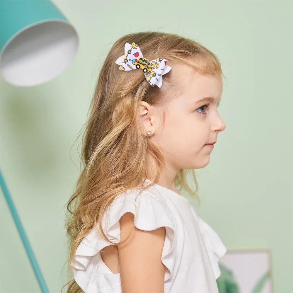 2pcs/set Sweet Back To School Hair Bows Clip for Girls Cute School Bus Hairpins Ribbon Print Pencil Barrettes Boutique Headwear
