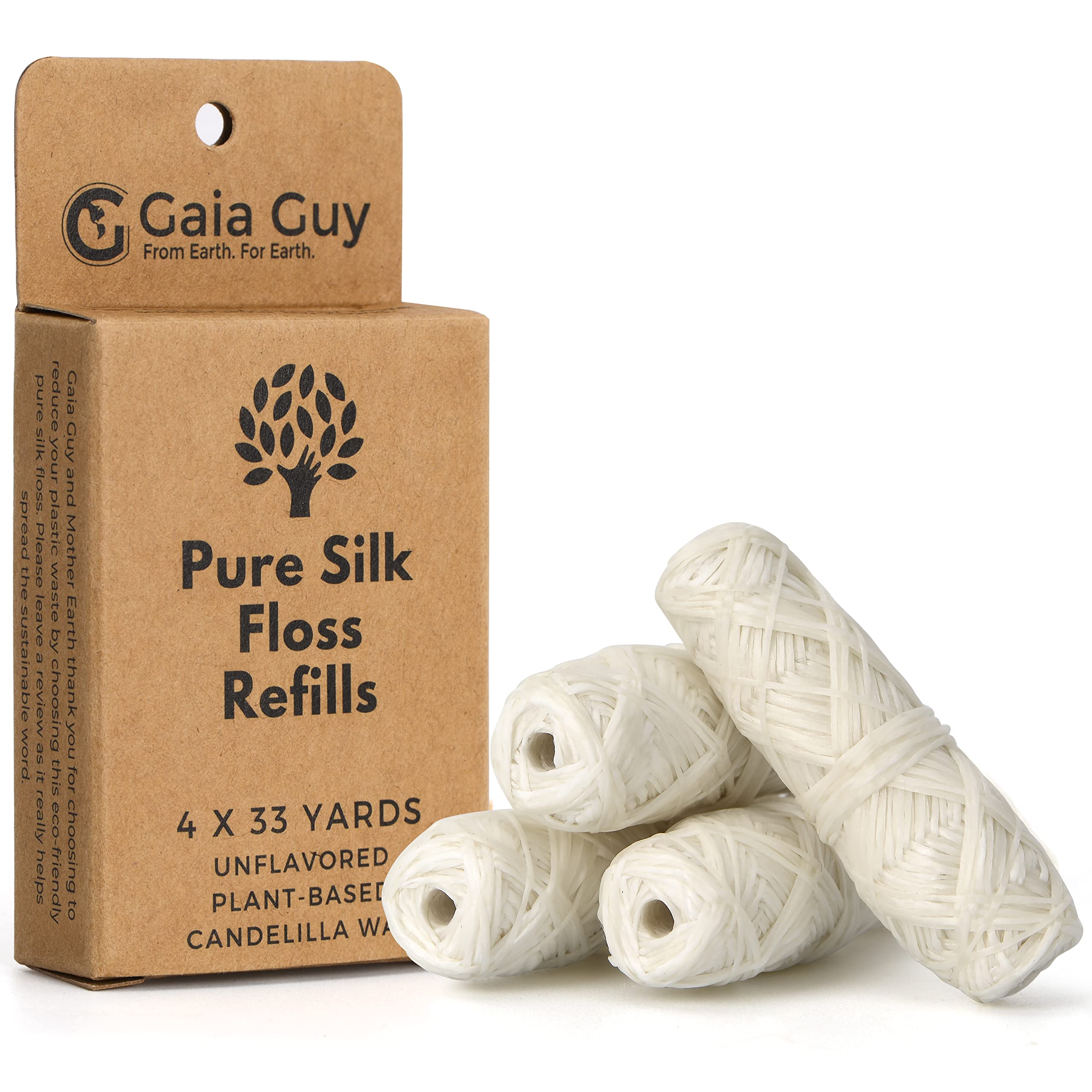 

Gaia Guy Silk Dental Floss Refills Unscented Natural Silk 4 Spools x 33 Yards Compostable Biodegradable Silk Flossing Thread Packaging & &