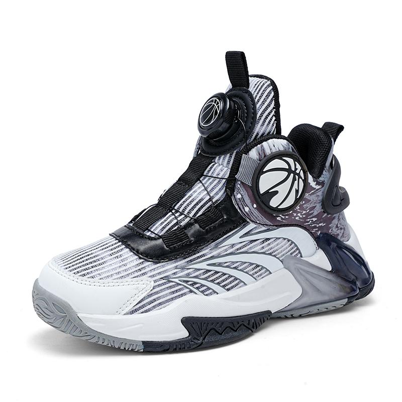 Boys' shoes summer mesh surface breathable luminous 2024 new children's sports shoes soft soled rotary button basketball shoes