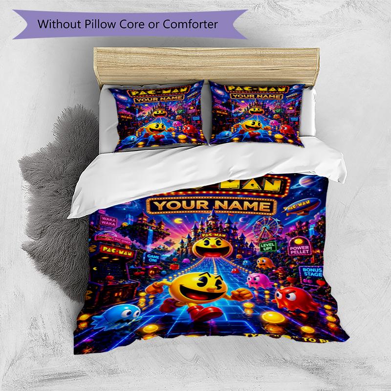 3pcs Custom Name Pac-Man Adventure Printed Bedding Set Duvet Cover Closure Includes 1 Duvet Cover & 2 Pillowcases, Soft and Comfortable for All Season
