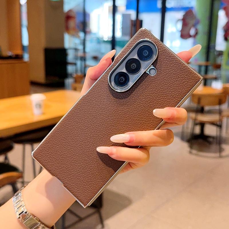 Fashion Electroplated Frame Lychee Leather Case for Samsung Galaxy Z Fold 8 Ultra 7 6 5 Lens Bumper Protective Shockproof Cover
