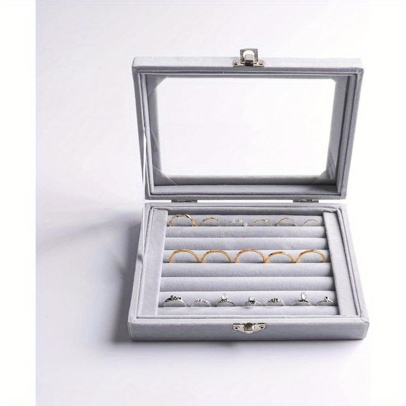 7Slot Velvet Jewelry Organizer Tray with Clear Lid Elegant Grey Storage Box for Rings, Earrings, and Necklaces,Perfect Gift for Women,Jewelry Gift Box