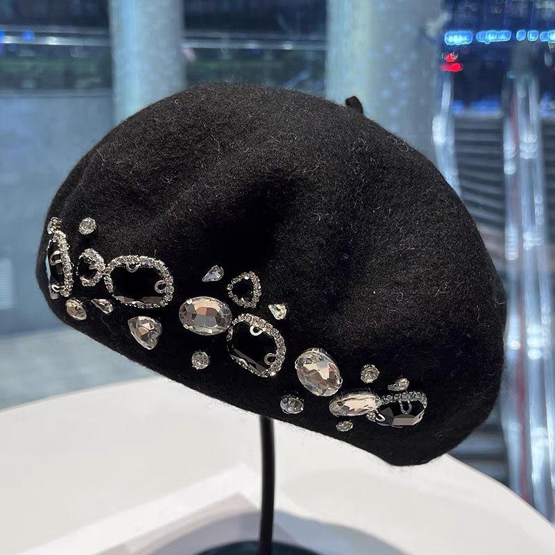 

Осенне-зимний берет корейской версии, роскошная шерстяная шапка ручной работы со стразами, универсальная Adults over 18 56-58cm