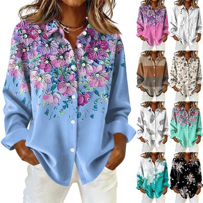 Damenhemd mit floralen Knöpfen, Langarm-Freizeit-Regular-Hemd Blusen Freizeit Übergröße Basic-Tops